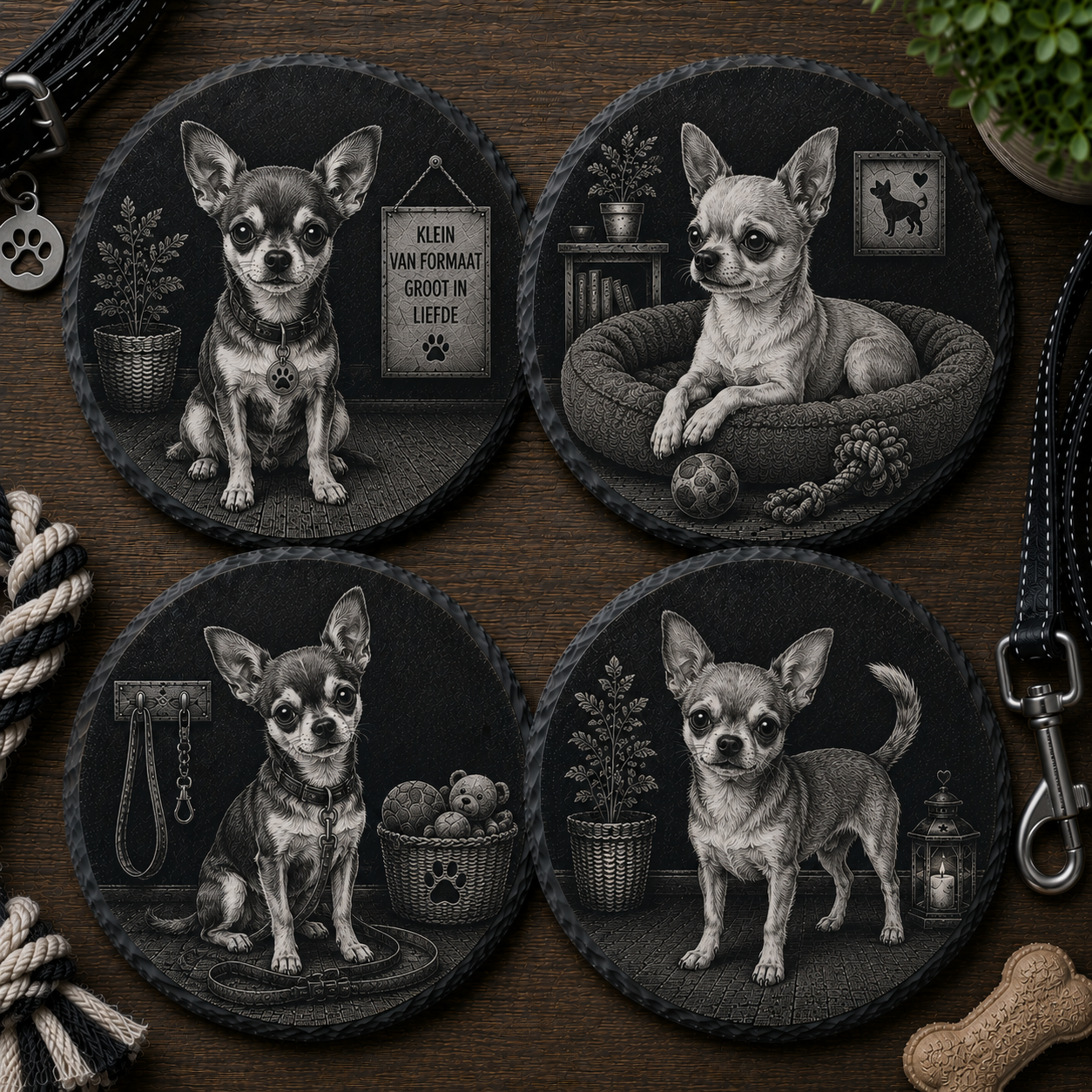 Gegraveerde Leisteen Onderzetters – Chihuahua | Set van 4