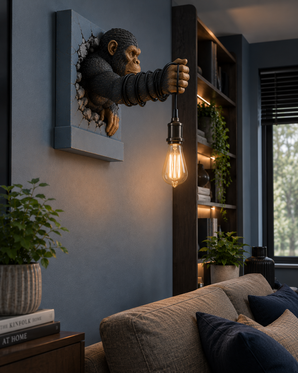 A wall-mounted gorilla head sconce with a glowing Edison bulb, shown installed in a modern living room setting above a sofa.