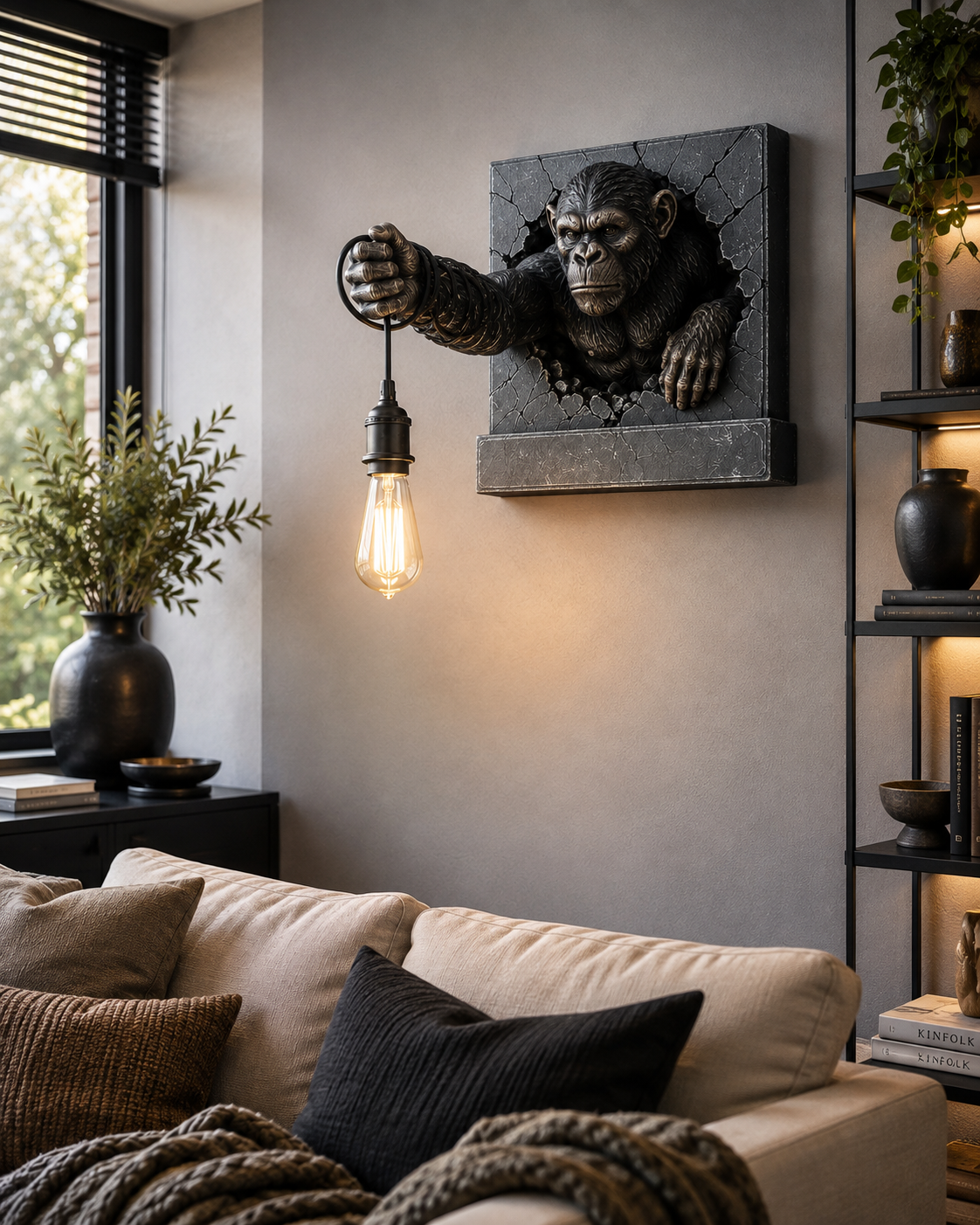 A wall-mounted sculptural light fixture featuring a stone-look gorilla head and arm breaking through a square wall panel, with a single exposed Edison bulb hanging from the hand. The fixture is shown installed in a styled living room above a beige sofa with pillows and a throw blanket.