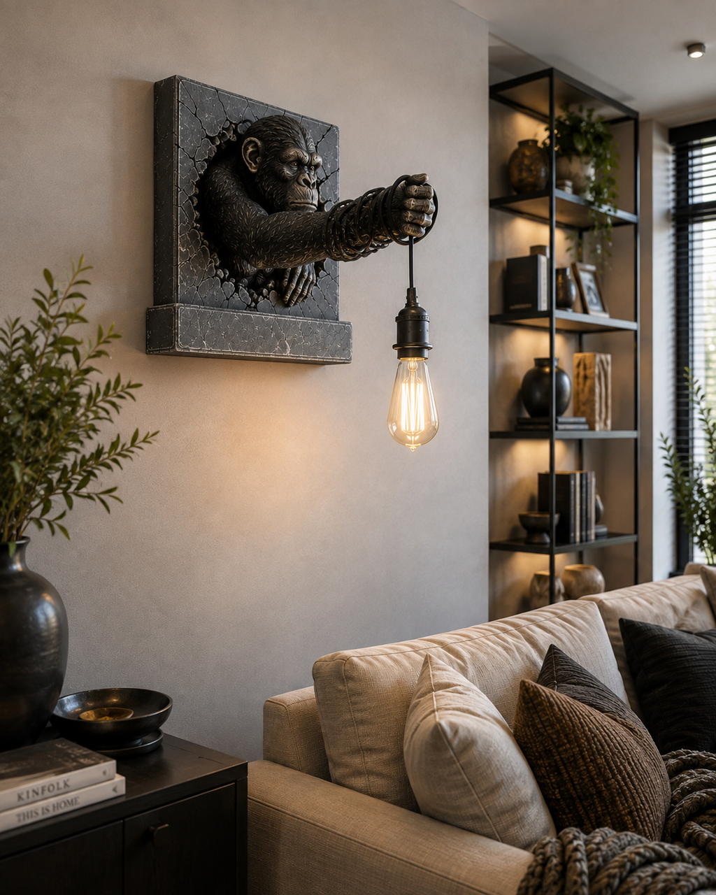 A dark stone wall sconce featuring a sculpted ape head reaching out to hold a single exposed Edison bulb, mounted on a beige wall in a modern living room setting.