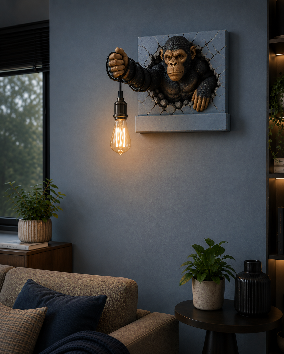 A wall-mounted canvas art print depicting a chimpanzee bursting through a cracked wall, styled in a modern living room with a hanging Edison bulb and a blue-gray wall.