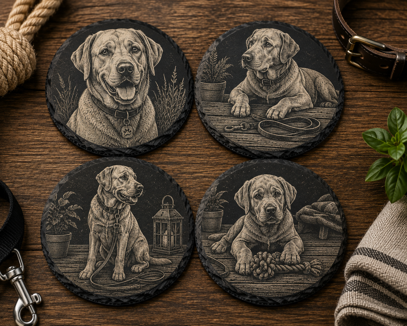 Labrador Leisteen Onderzetters – Set van 4 | Lasergegraveerd
