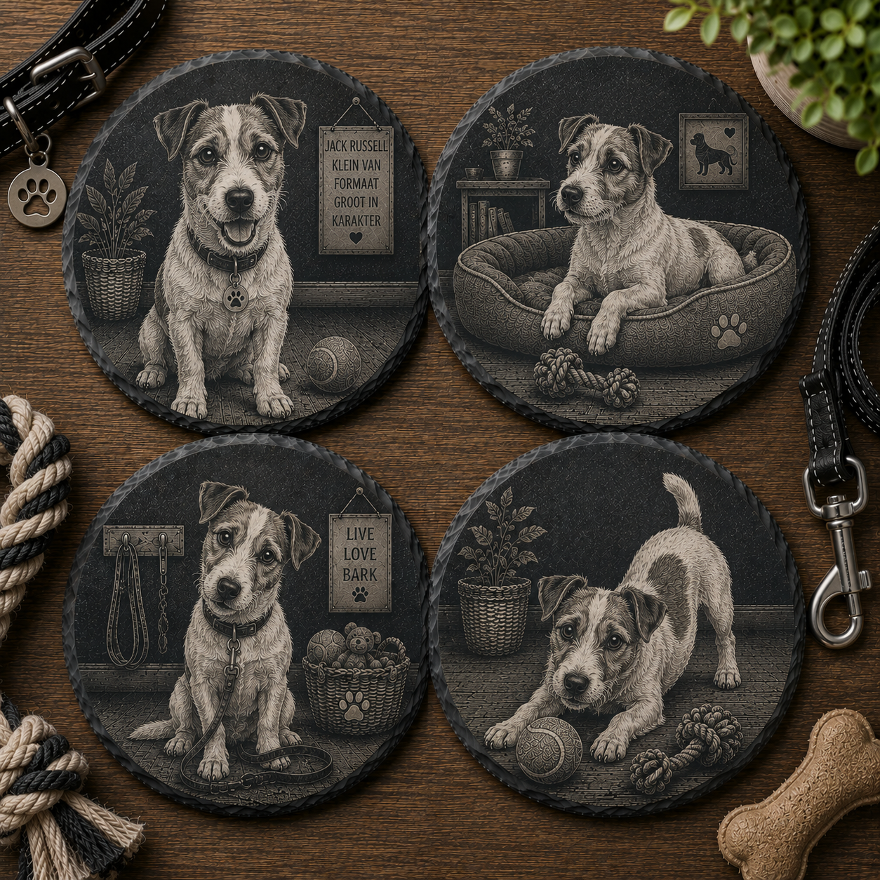 Jack Russell Leisteen Onderzetters – Set van 4 | Lasergegraveerd