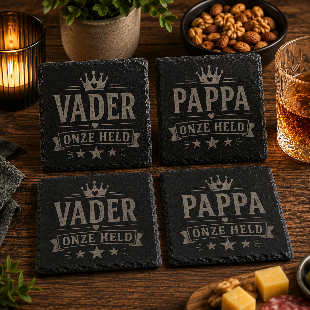 Vader & Pappa – Onze Held | Vierkante Leistenen Onderzetters