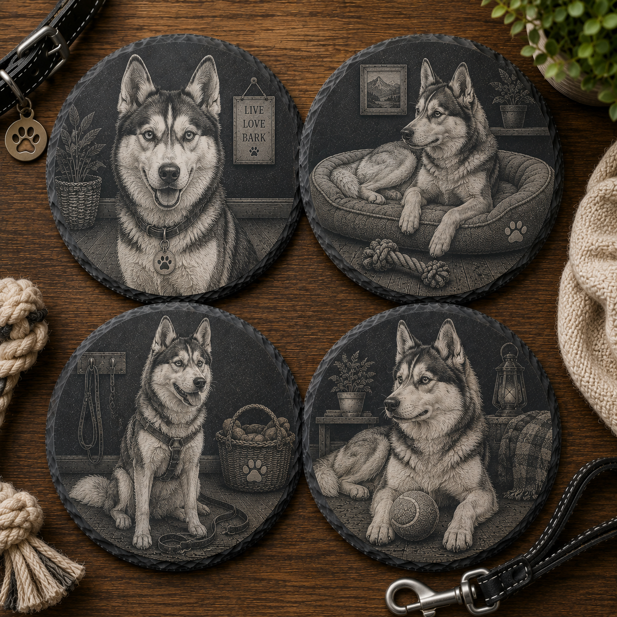 Husky Leisteen Onderzetters – Set van 4 | Lasergegraveerd