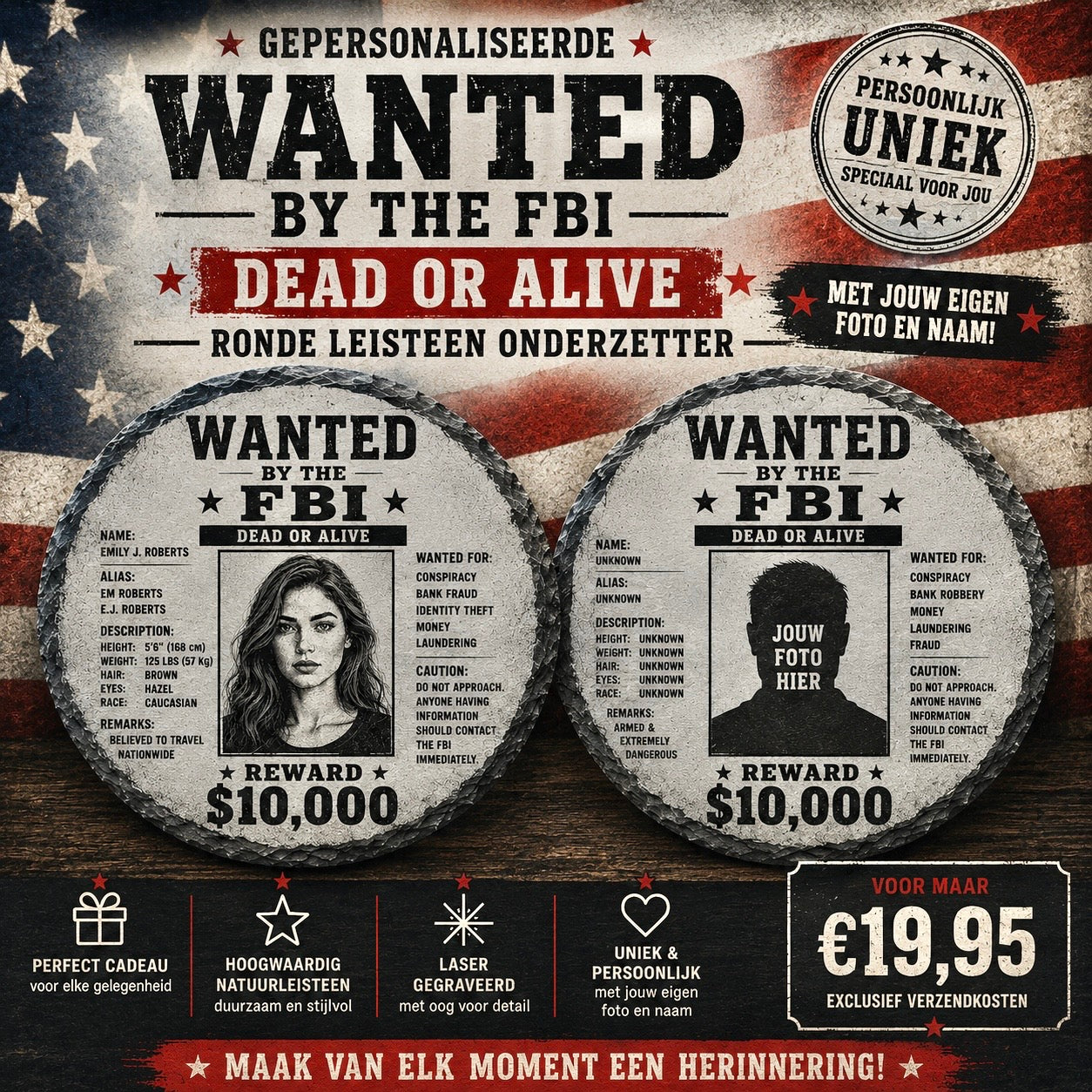 FBI Wanted leisteen onderzetter met eigen foto lasergegraveerd – grappig cadeau verjaardag | LeukHoor.nl