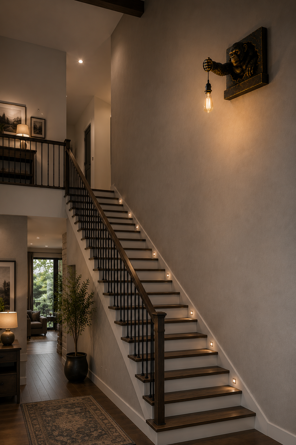 A modern staircase with dark wood steps and black metal railings, illuminated by small candles along the landing and a warm wall sconce mounted above. The interior features neutral beige walls, hardwood flooring, and a patterned area rug.