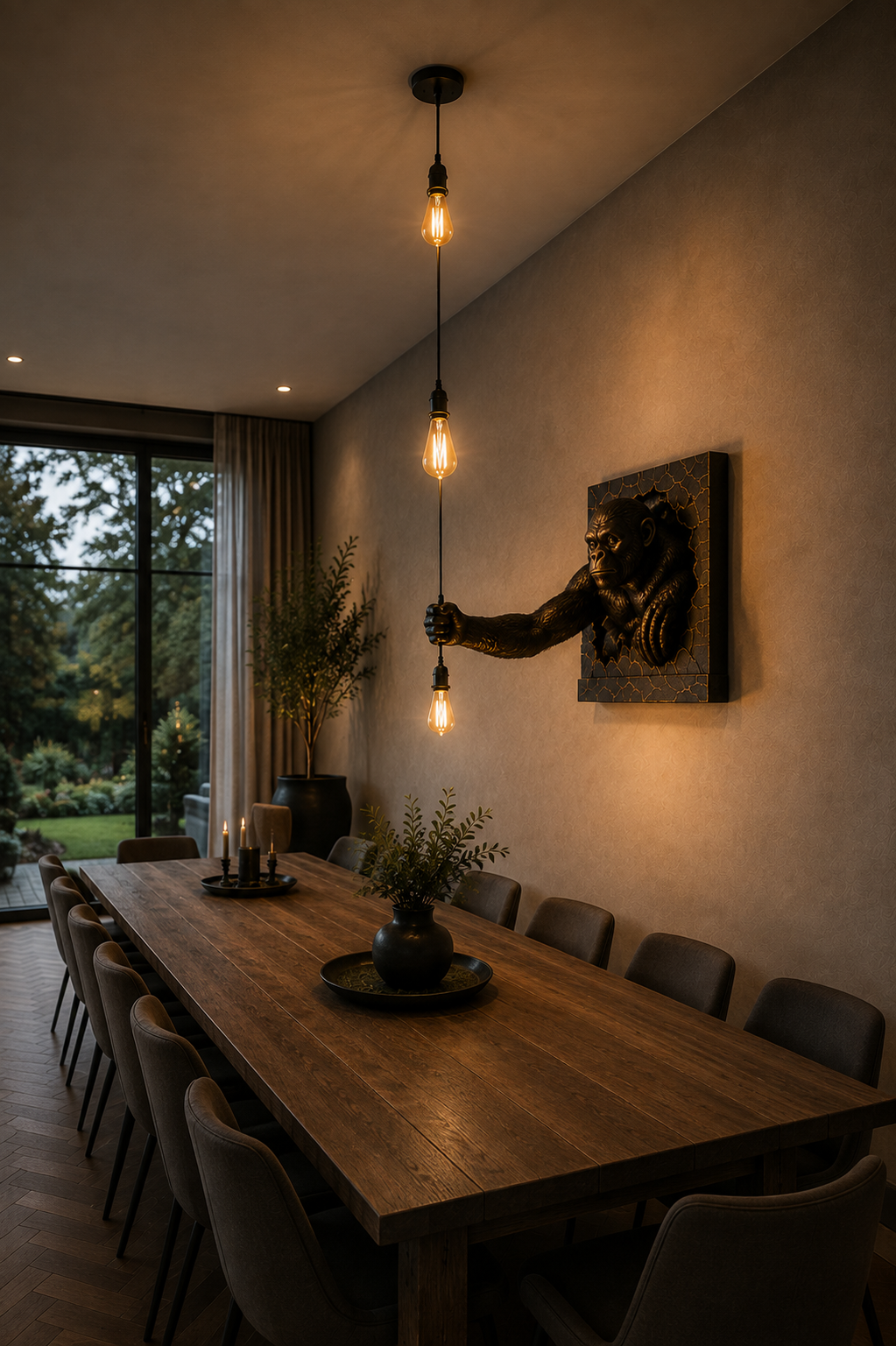 A long wooden dining table surrounded by gray upholstered chairs in a warmly lit dining room. A sculptural wall piece on the wall appears to be holding the hanging light fixture, and the scene includes pendant bulbs, candles, plants, and a large window looking out onto greenery.