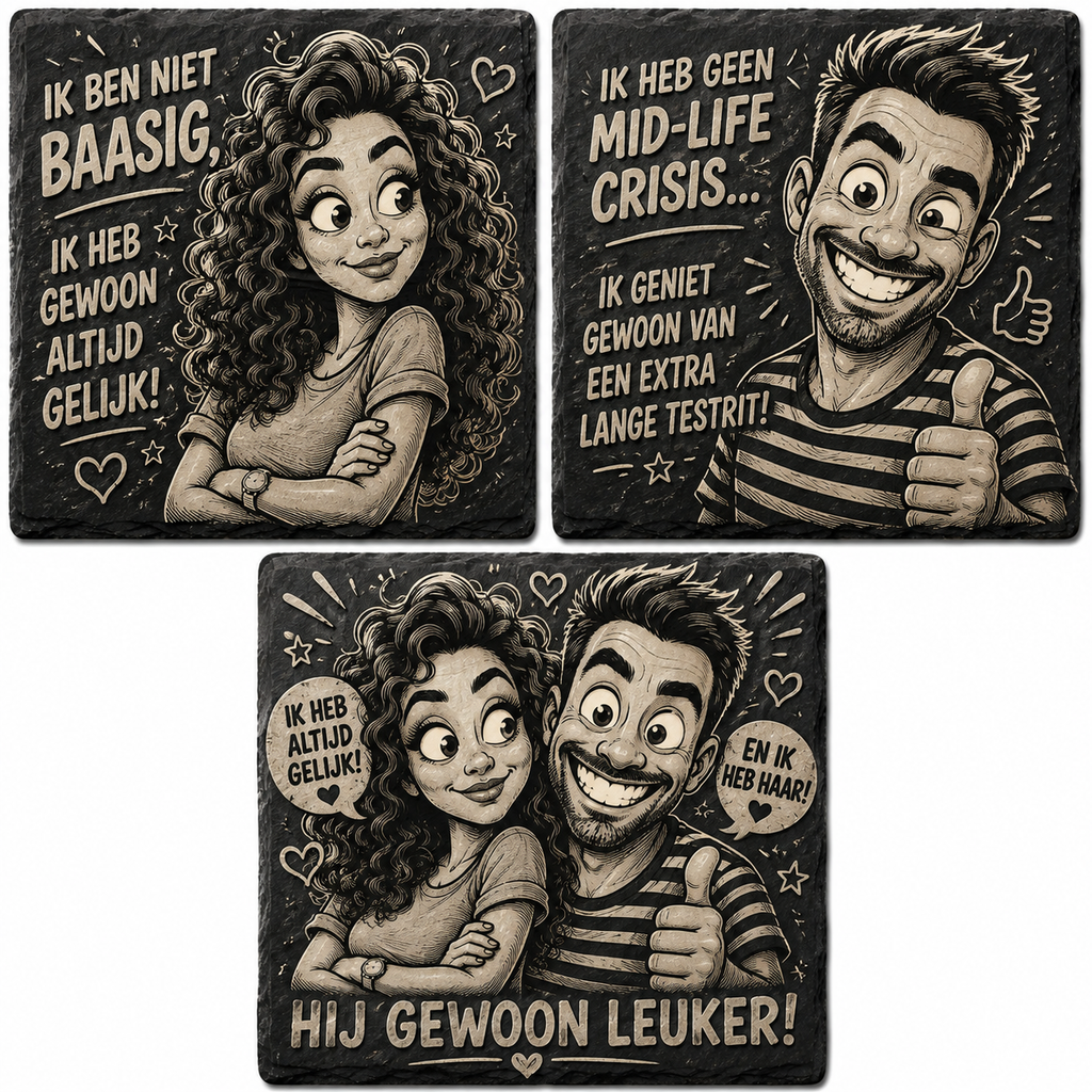Leisteen onderzetters met foto cartoon gravure set van 4 – persoonlijk cadeau huwelijk jubileum | LeukHoor.nl
