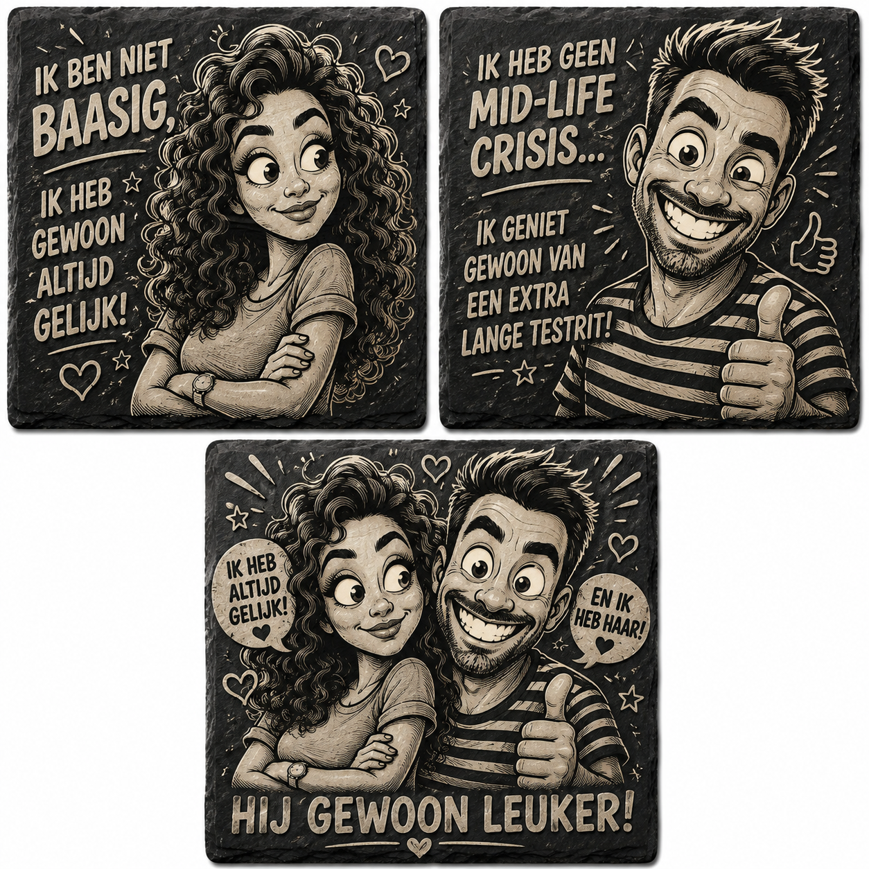 Leisteen onderzetters met foto cartoon gravure set van 4 – persoonlijk cadeau huwelijk jubileum | LeukHoor.nl
