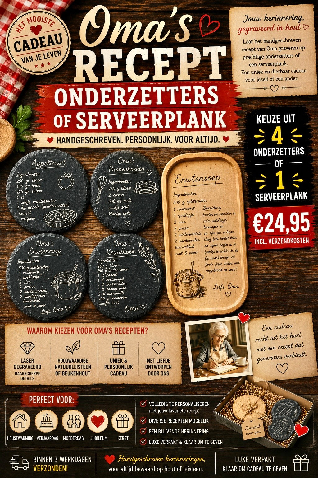 Oma's handgeschreven recept gegraveerd op leisteen – persoonlijk cadeau verjaardag Moederdag | LeukHoor.nl