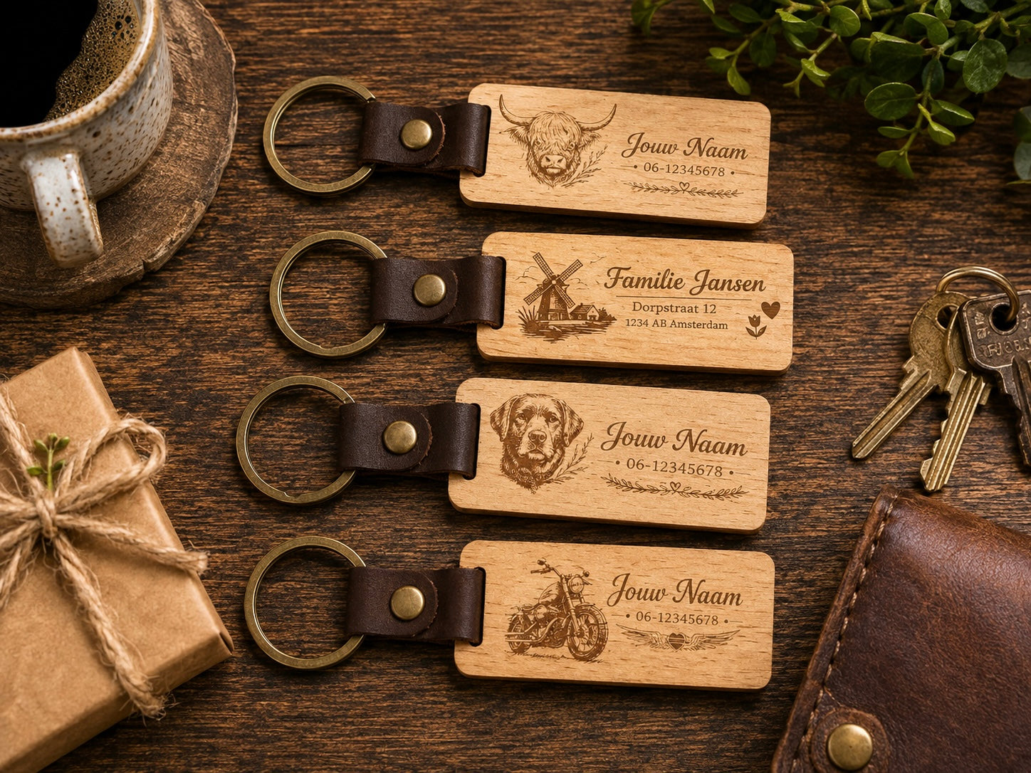 Personalized Wooden Keychains with Your Own Design – Set of 4