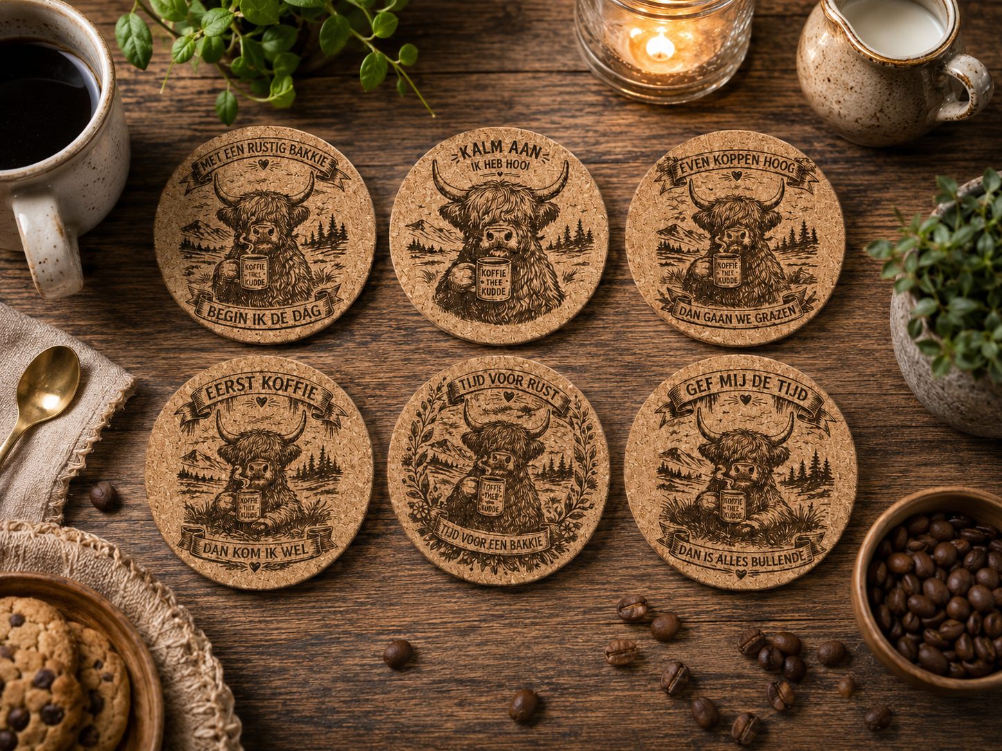 Schotse Hooglander Kurk Onderzetters – Set van 6 | LeukHoor