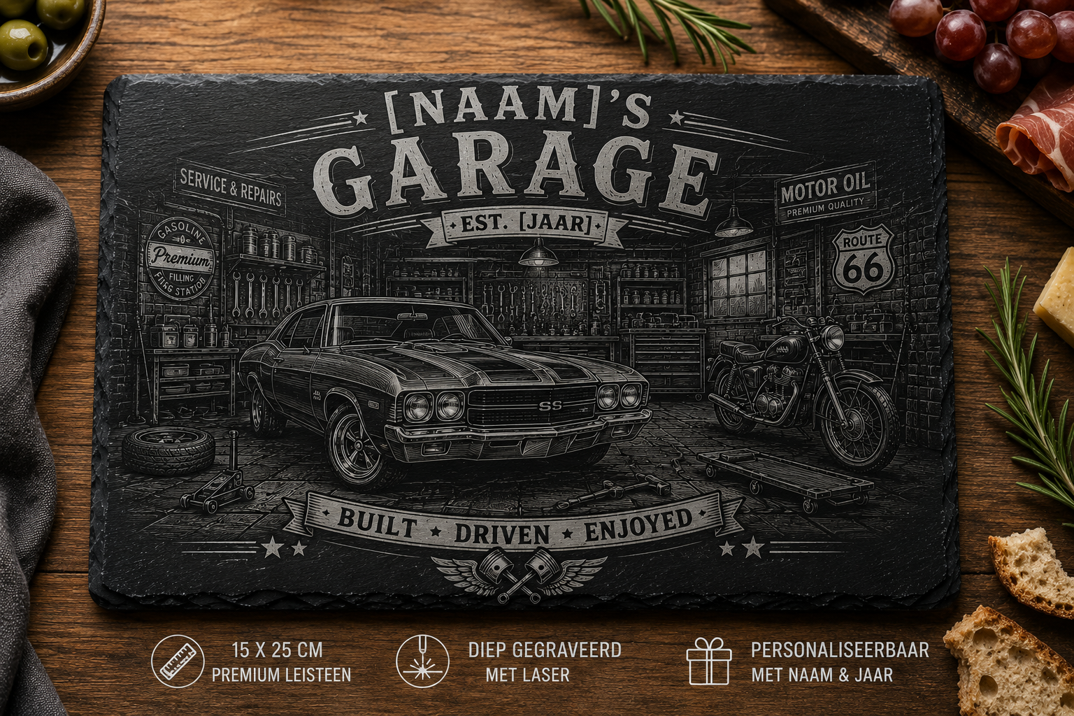 Gepersonaliseerde leistenen serveerplank Auto Motor Hobby Garage 15x25 cm