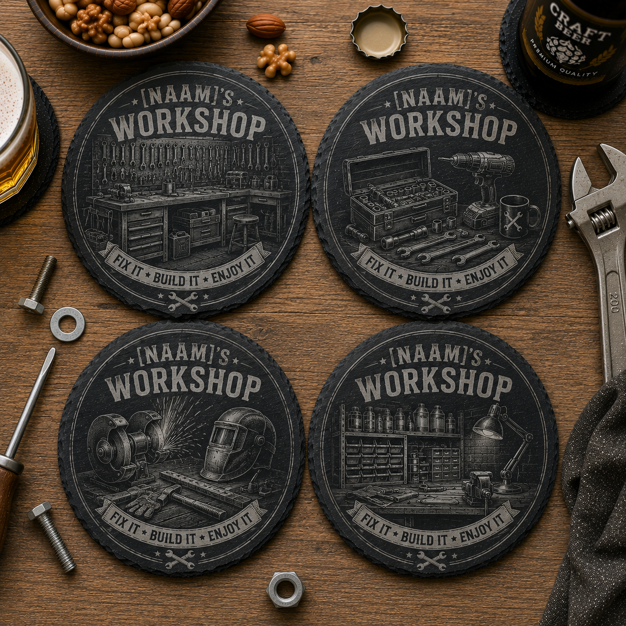 Set van 4 ronde gepersonaliseerde leistenen onderzetters voor hobby en workshop