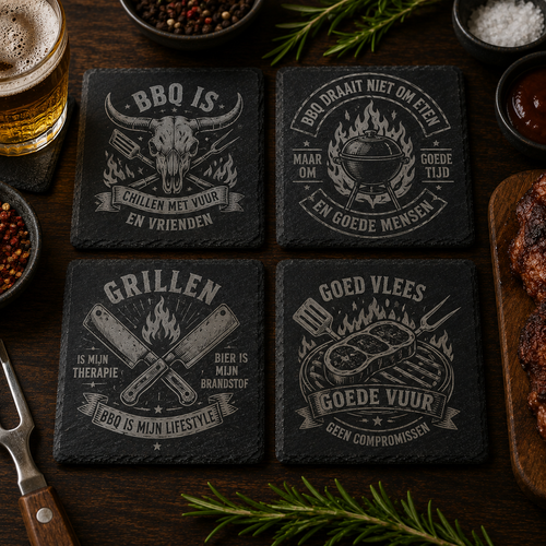 BBQ set van vier vierkante leistenen onderzetters