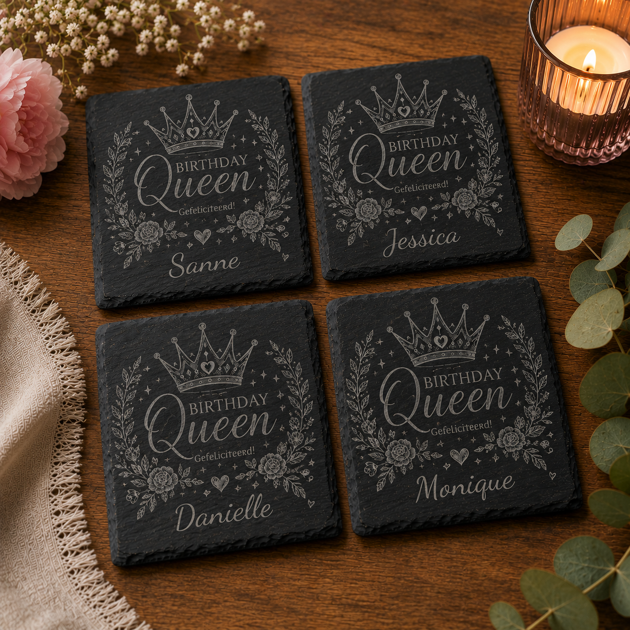 Set van 4 vierkante leistenen onderzetters Birthday Queen met personalisatie