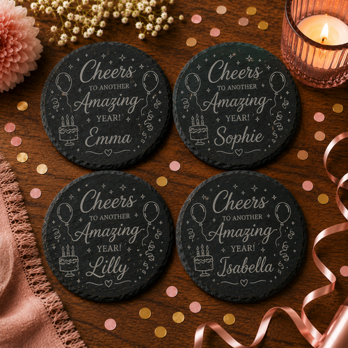 Happy Birthday set van 4 ronde leistenen onderzetters met naam