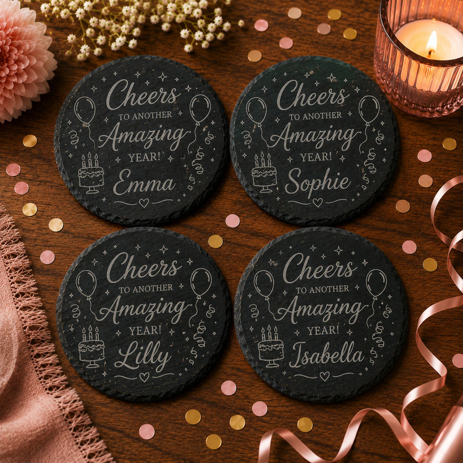 Happy Birthday set van 4 ronde leistenen onderzetters met naam
