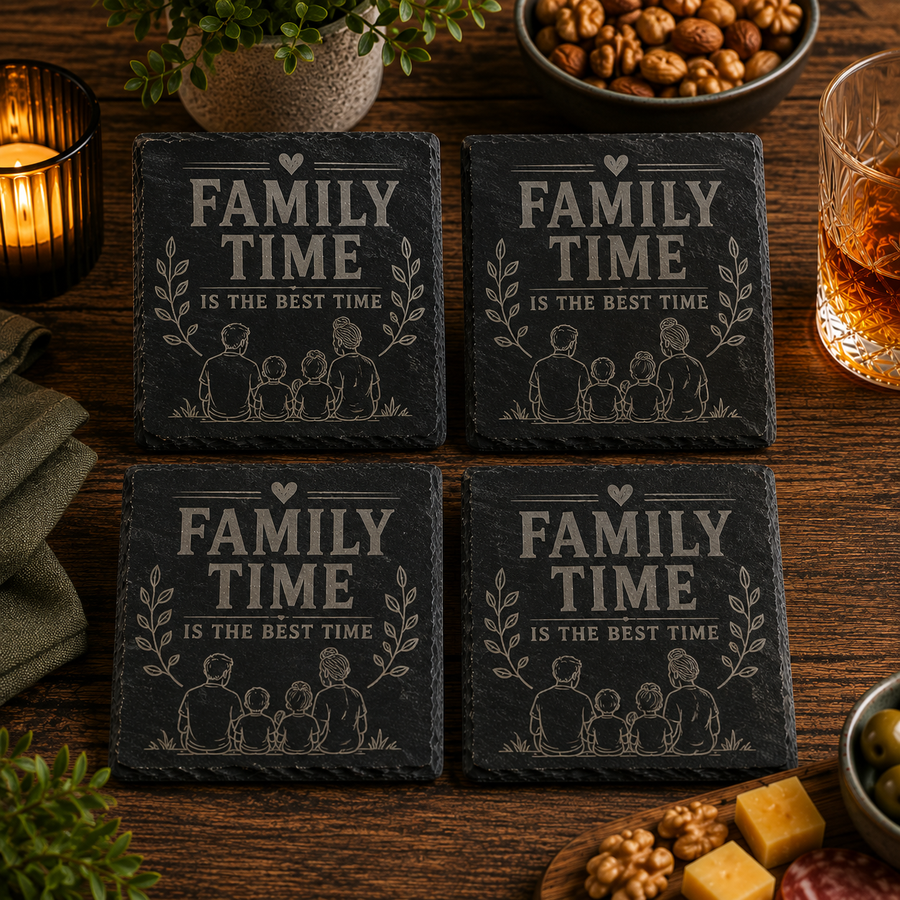 Set van vier vierkante leistenen onderzetters Family Time