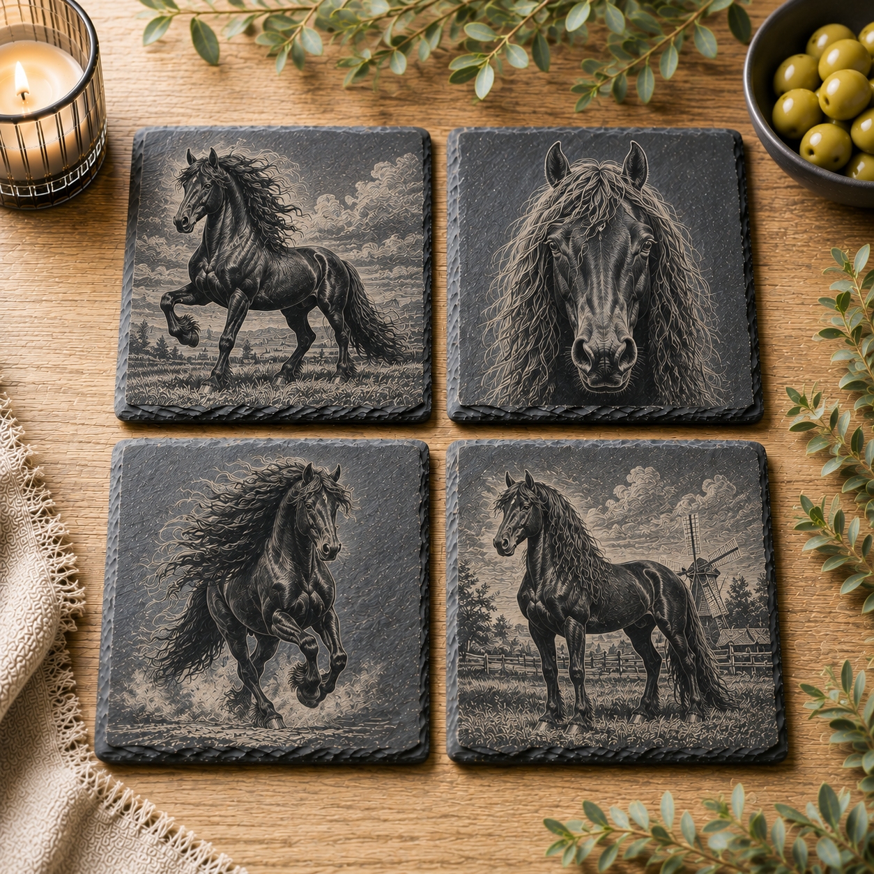 Set van 4 vierkante leistenen onderzetters met gedetailleerde Friese paarden gravures