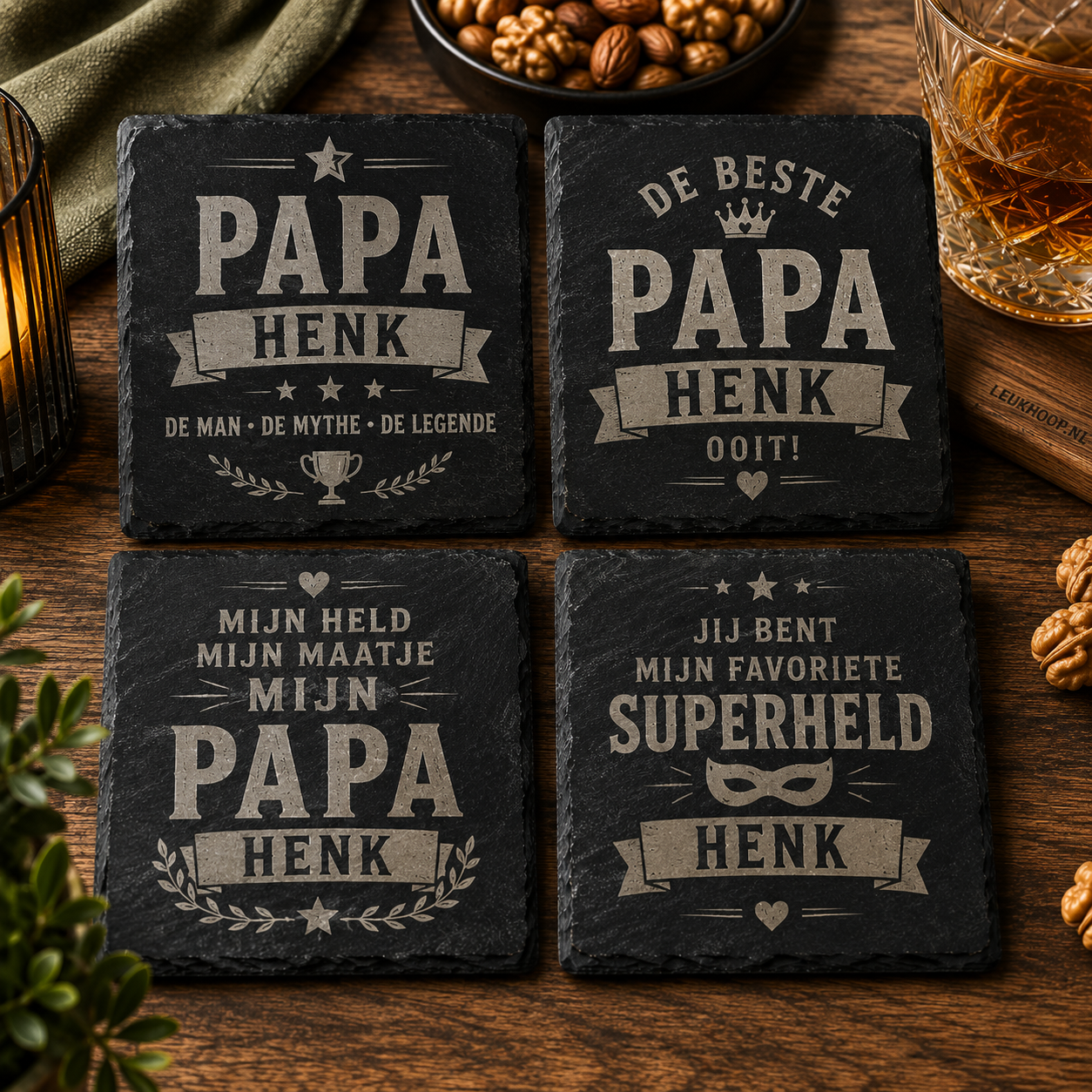Set van vier gepersonaliseerde vierkante leistenen onderzetters voor papa