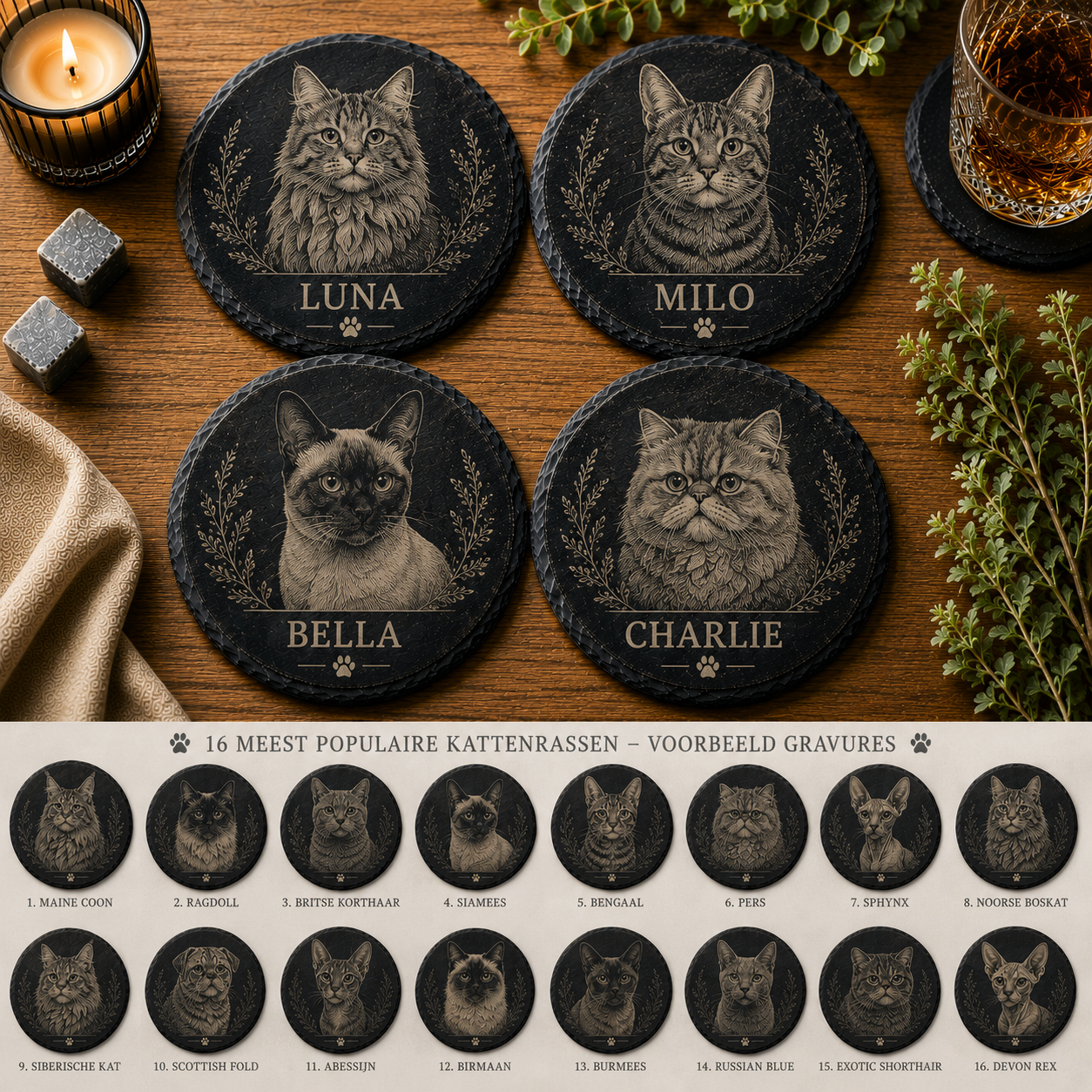 Set van 4 ronde leistenen kattenonderzetters met personalisatie en 16 kattenrassen