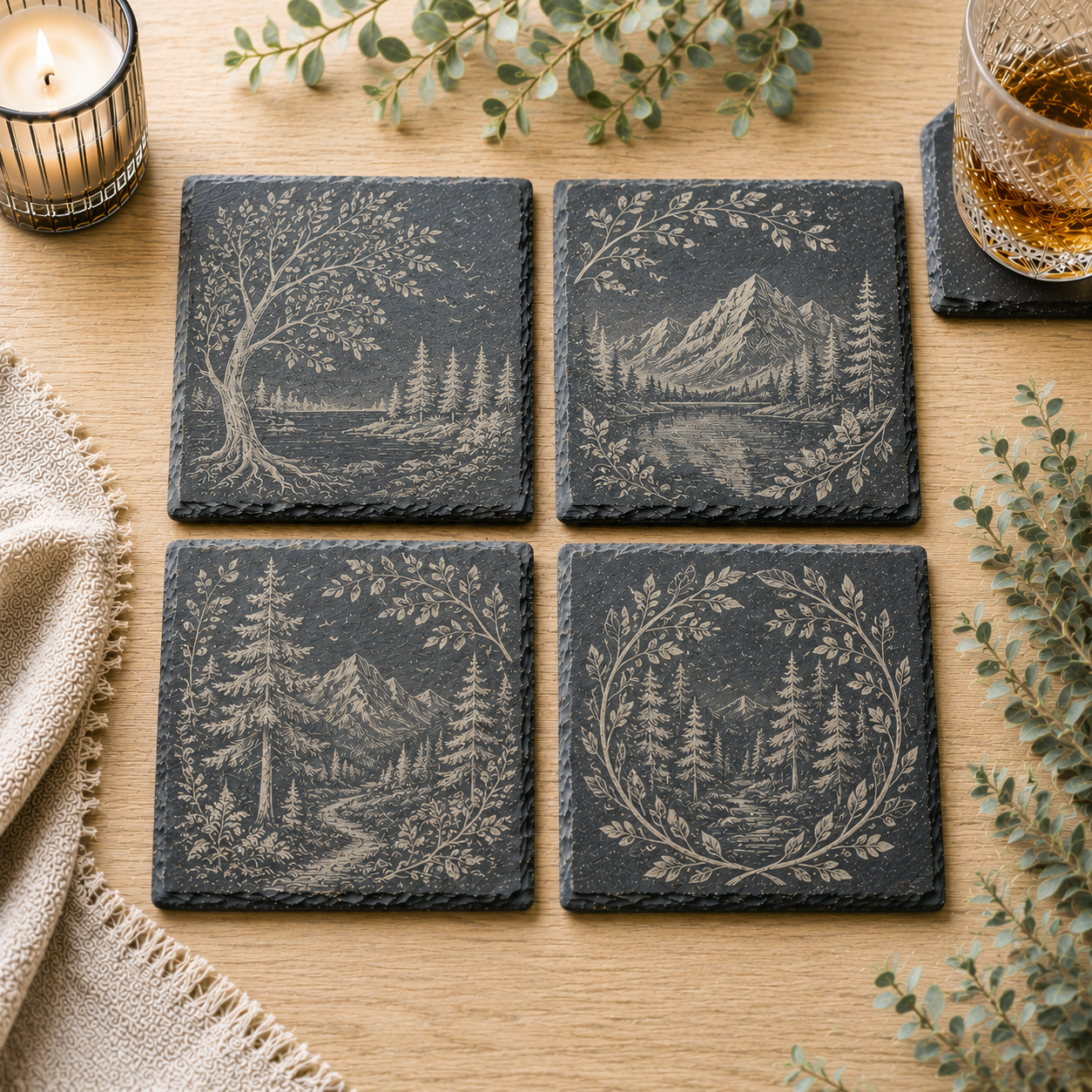 Set van 4 vierkante leistenen onderzetters met klassieke natuurgravures
