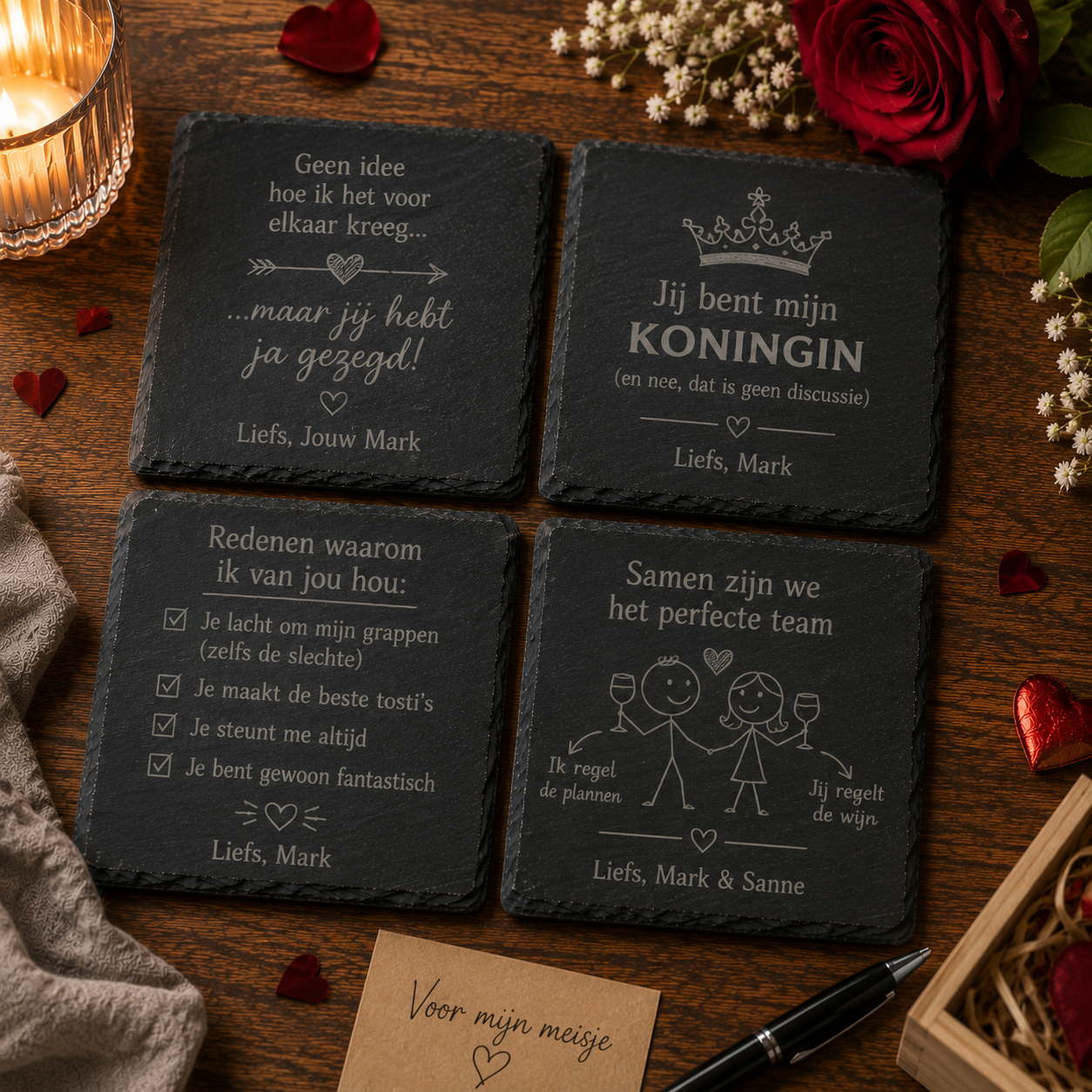 Set van 4 gepersonaliseerde vierkante leistenen onderzetters voor haar met liefde en humor