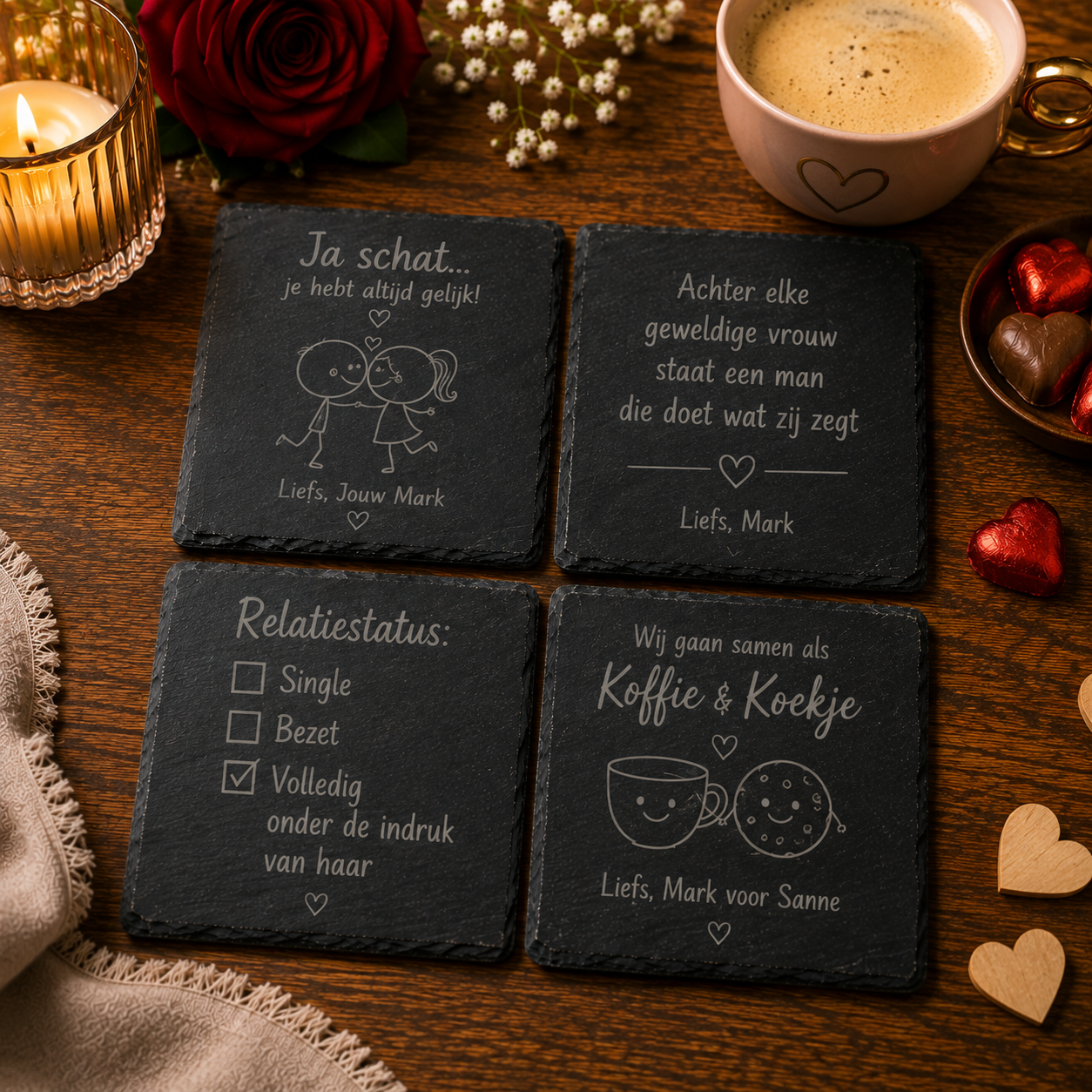 Set van 4 gepersonaliseerde vierkante leistenen onderzetters met humor voor haar