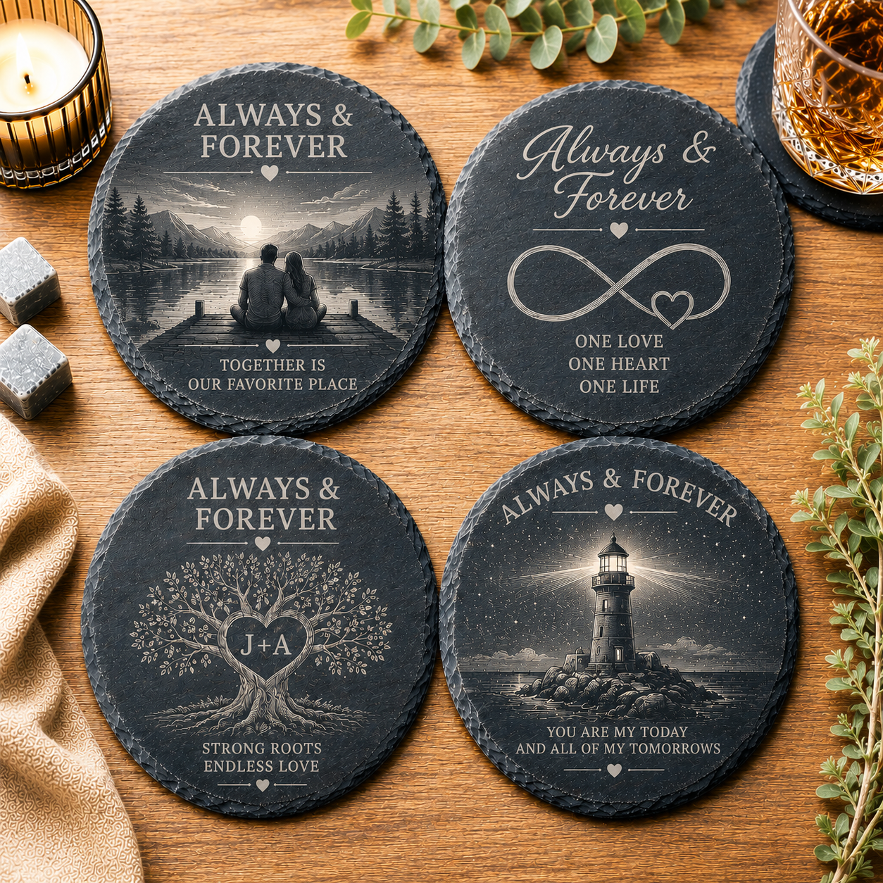 Set van 4 ronde gepersonaliseerde leistenen onderzetters Always and Forever