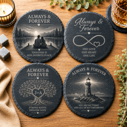 Set van 4 ronde gepersonaliseerde leistenen onderzetters Always and Forever