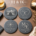 Set van 4 ronde gepersonaliseerde leistenen onderzetters Jij & Ik voor hem