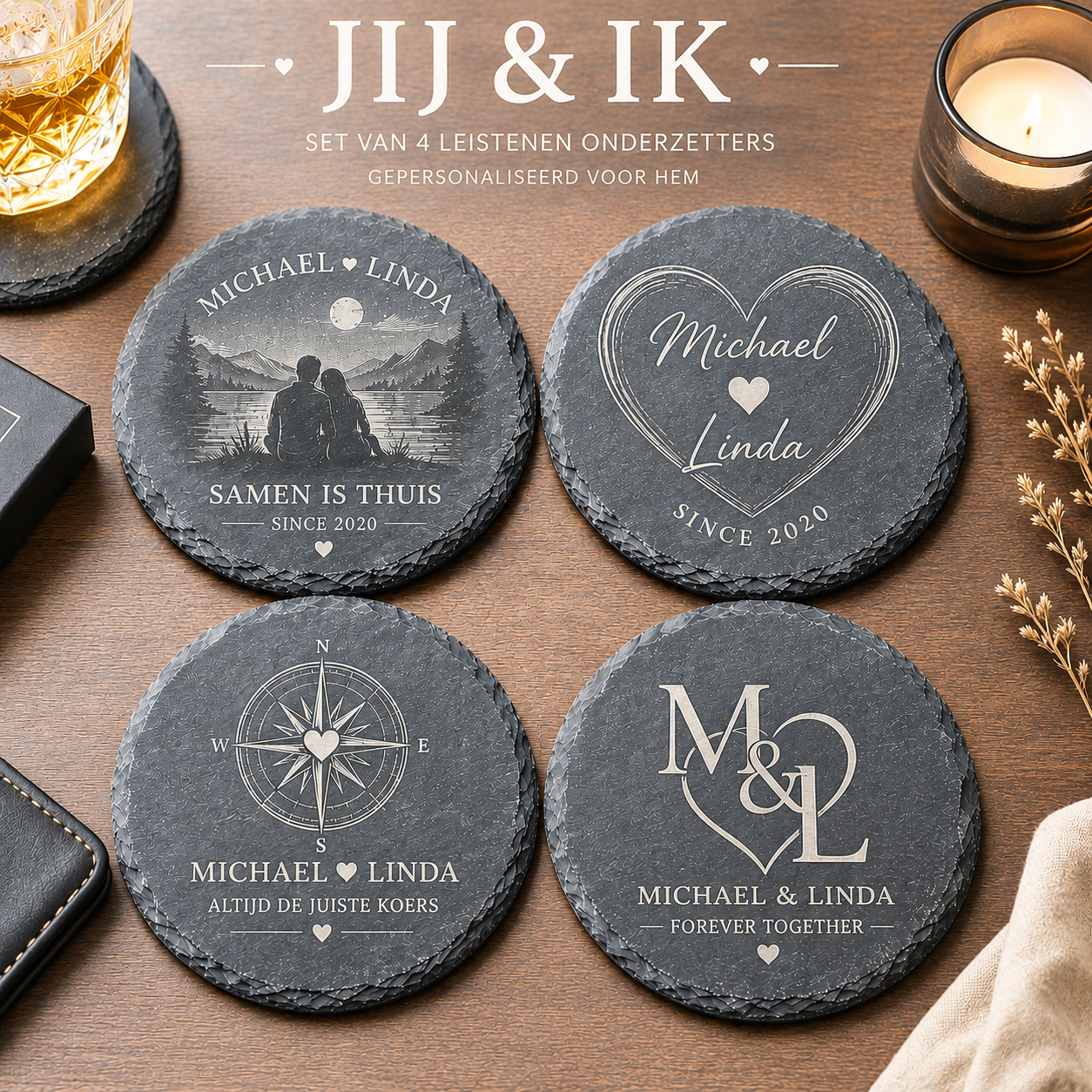 Set van 4 ronde gepersonaliseerde leistenen onderzetters Jij & Ik voor hem