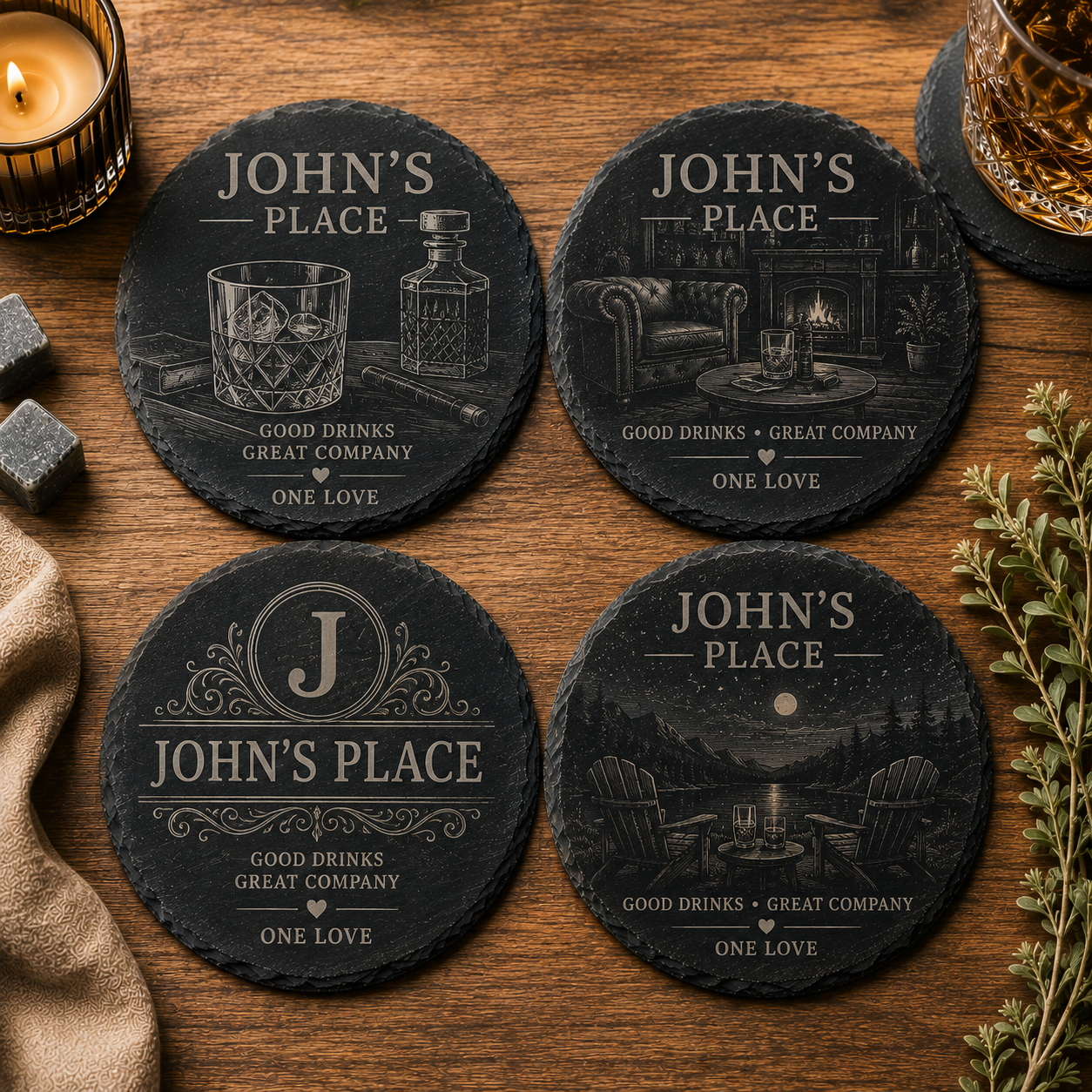 Set van 4 ronde gepersonaliseerde leistenen onderzetters John's Place