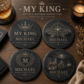 Set van 4 ronde gepersonaliseerde leistenen onderzetters My King voor hem