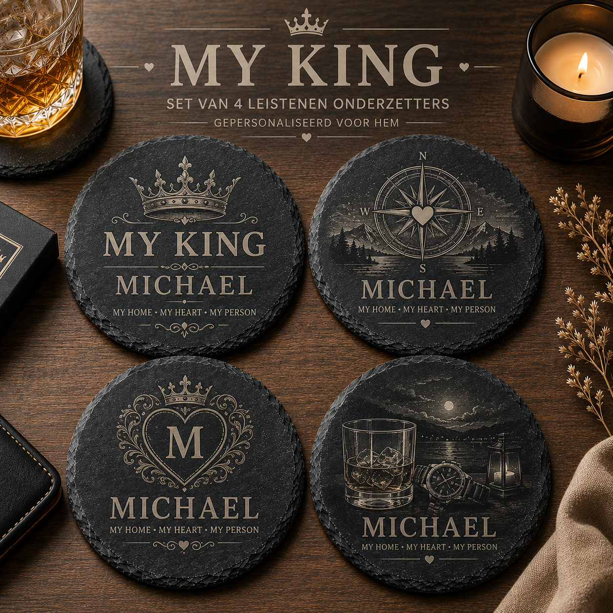 Set van 4 ronde gepersonaliseerde leistenen onderzetters My King voor hem
