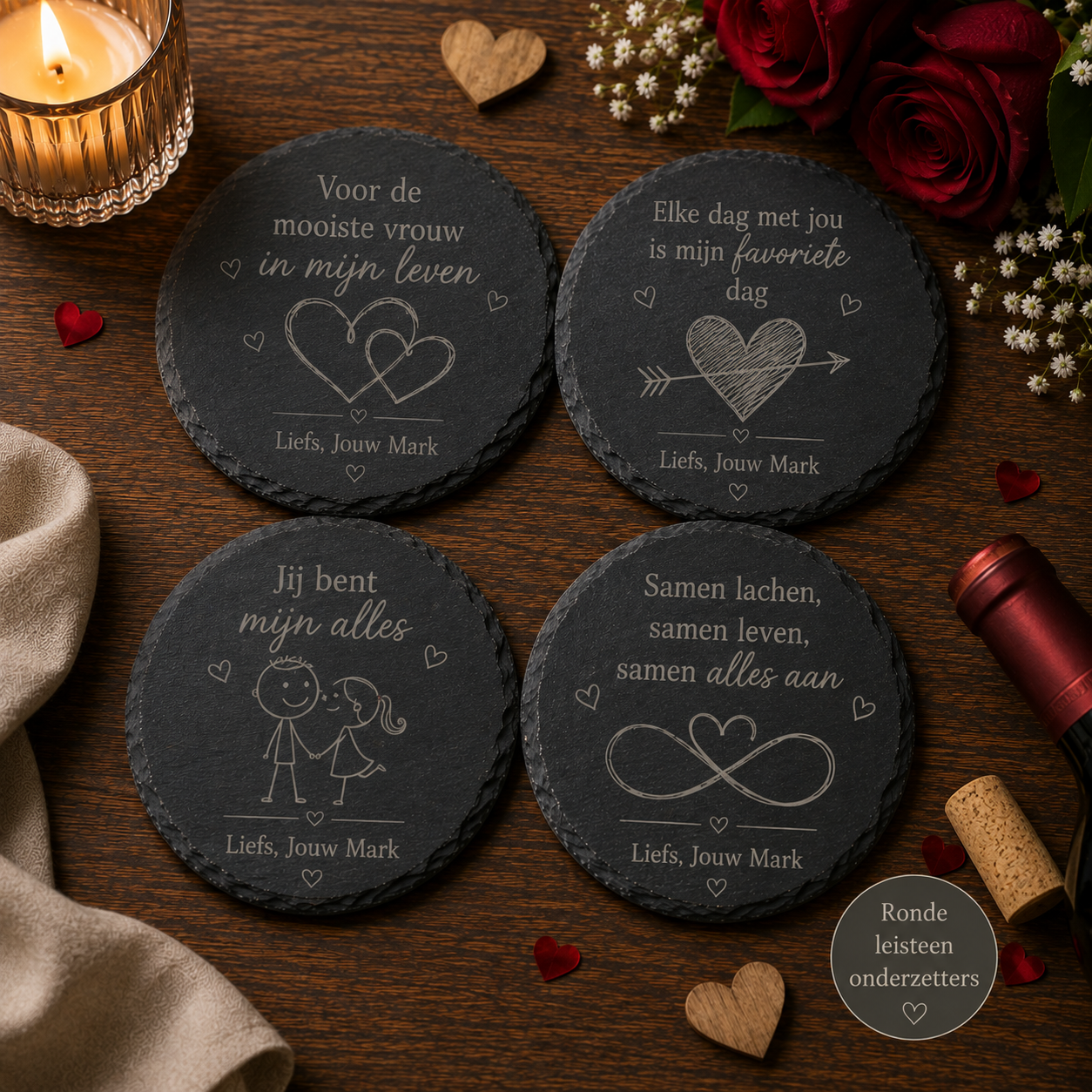 Set van 4 ronde leistenen onderzetters voor haar met romantische gravering