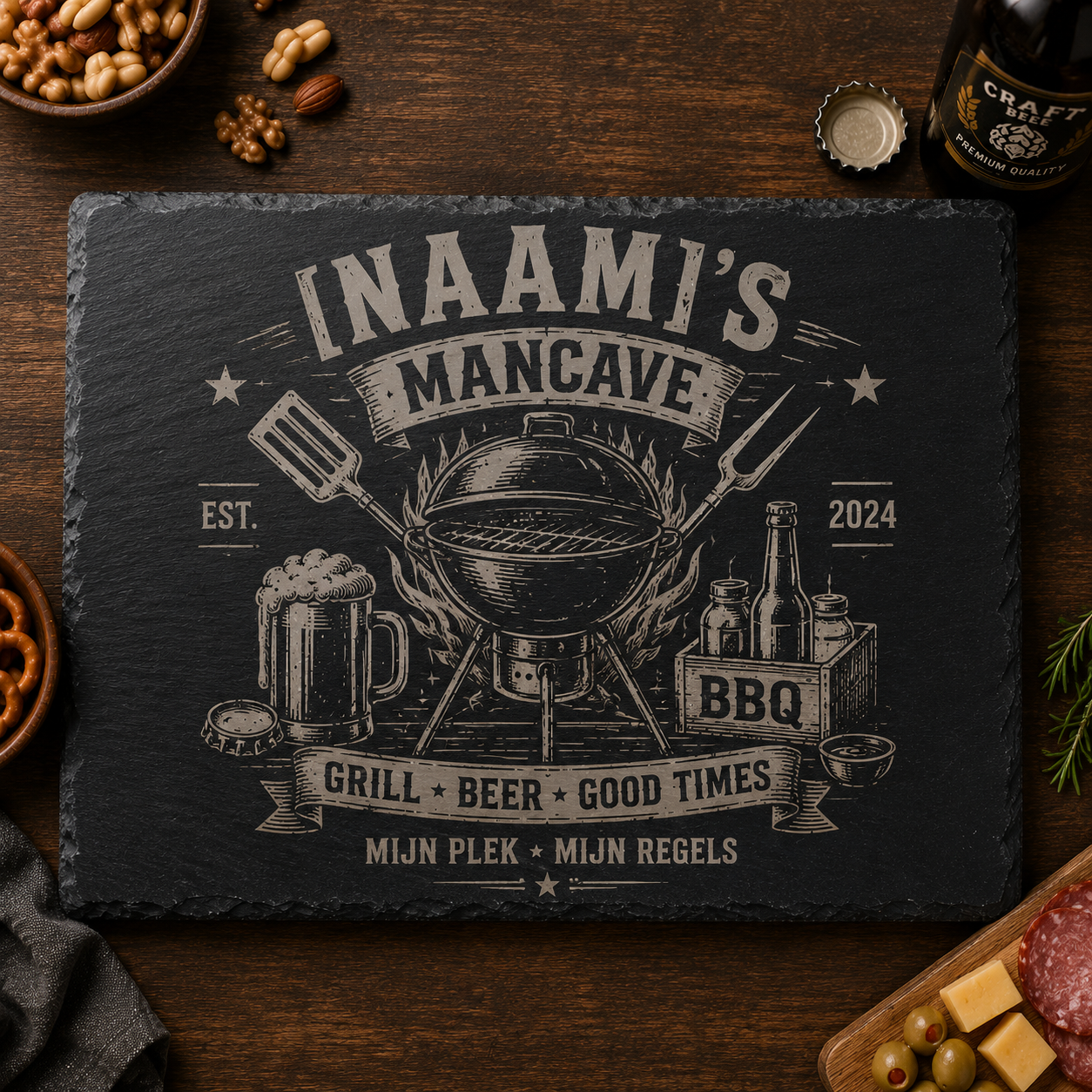 Gepersonaliseerde leistenen serveerplank BBQ Mancave