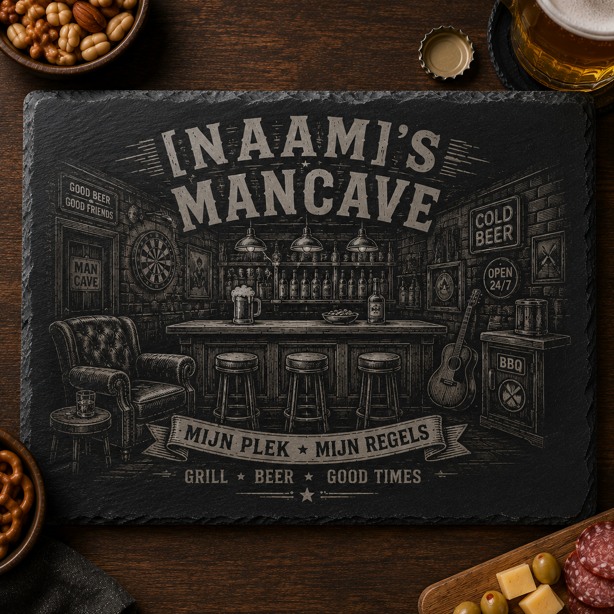 Gepersonaliseerde leistenen serveerplank Kroeg Mancave