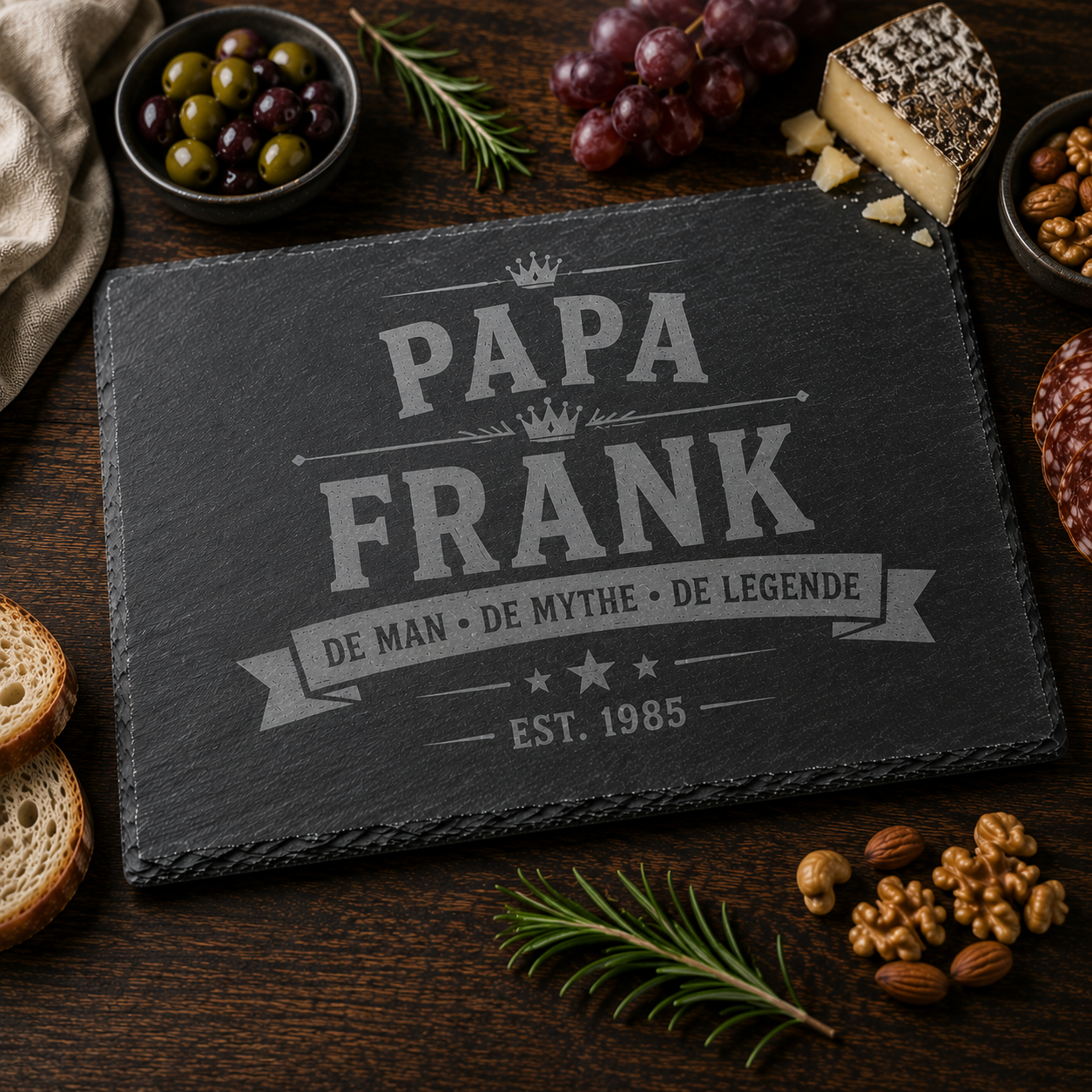 Gepersonaliseerde leistenen serveerplank Papa Frank