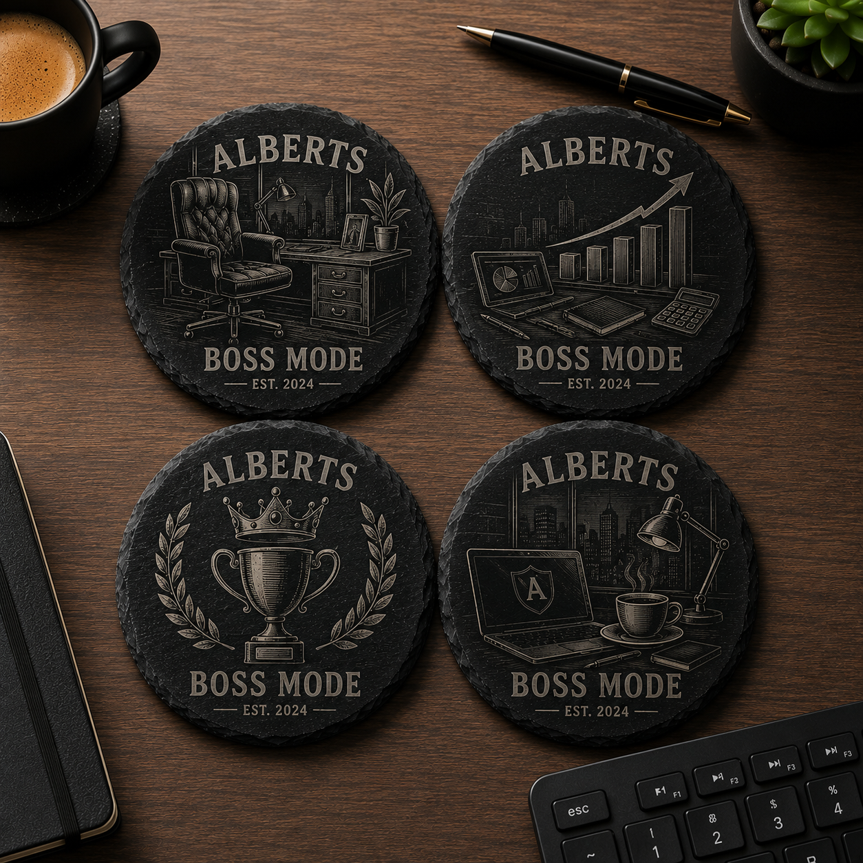 Set van 4 ronde gepersonaliseerde leistenen onderzetters Alberts Boss Mode