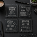 Set van 4 vierkante leistenen onderzetters Coffee Work Repeat