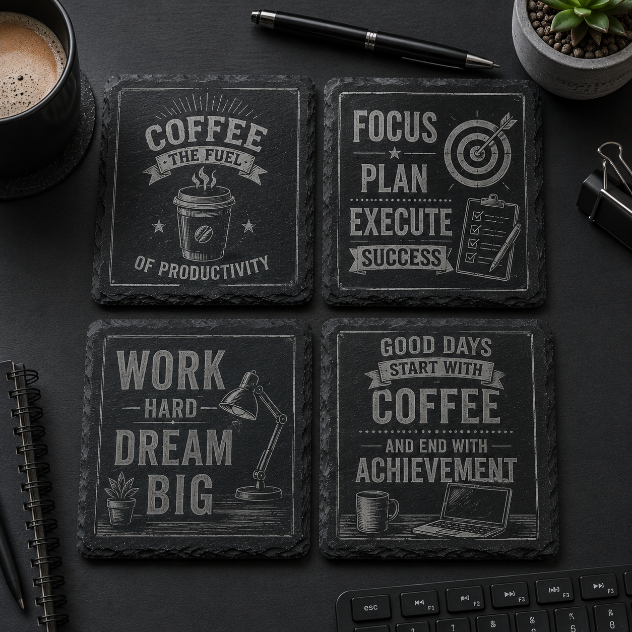Set van 4 vierkante leistenen onderzetters Coffee Work Repeat