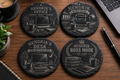 Set van 4 ronde gepersonaliseerde leistenen onderzetters HENDRIK'S OFFICE