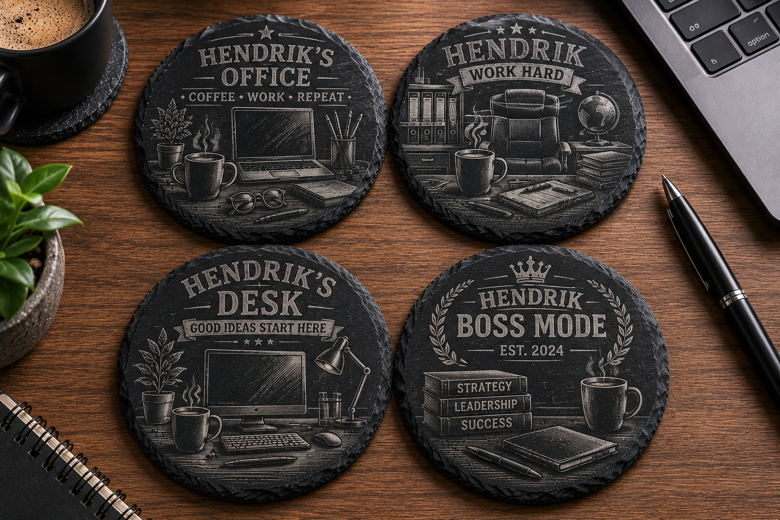 Set van 4 ronde gepersonaliseerde leistenen onderzetters HENDRIK'S OFFICE