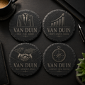 Set van 4 ronde gepersonaliseerde leistenen onderzetters Van Duin zakelijke collectie