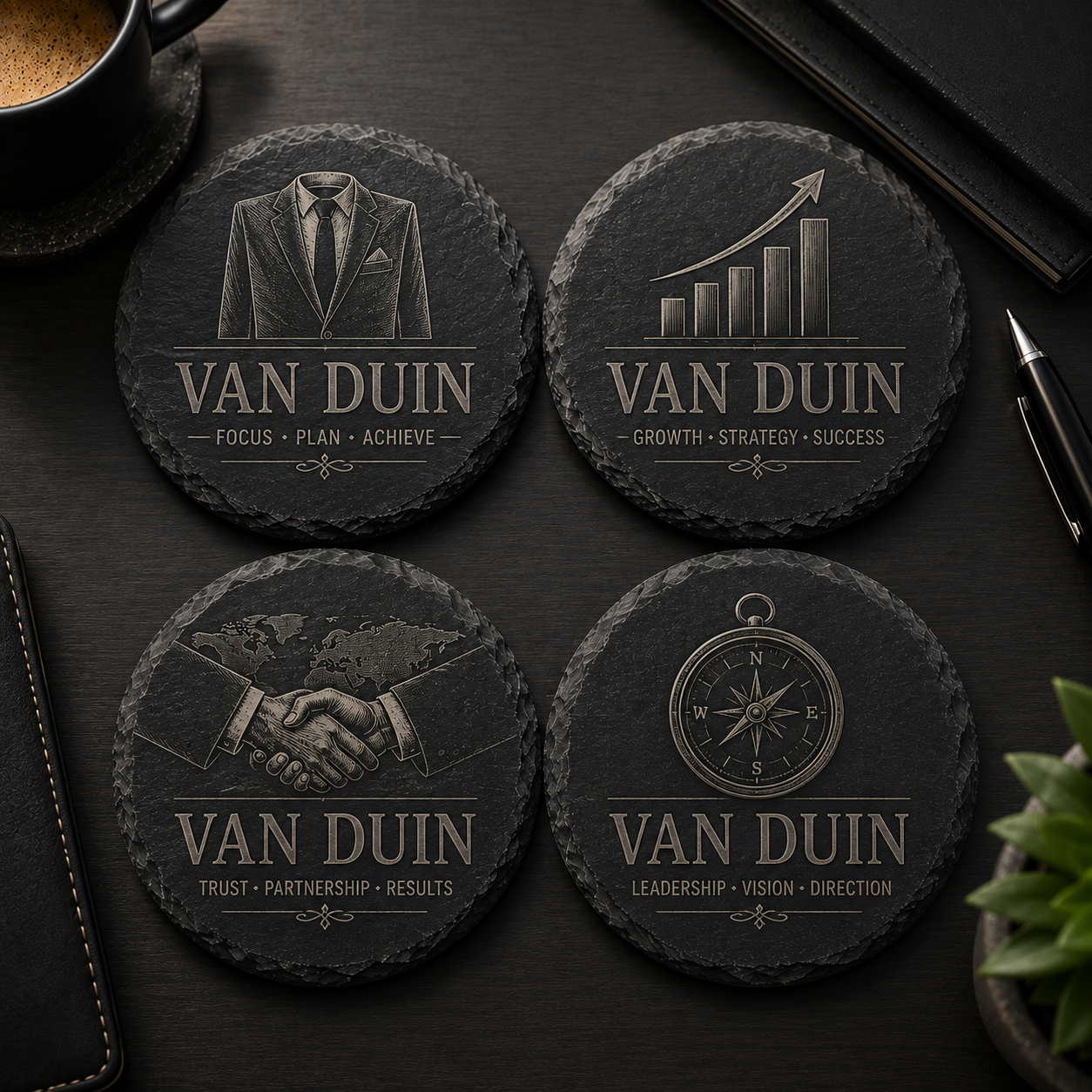 Set van 4 ronde gepersonaliseerde leistenen onderzetters Van Duin zakelijke collectie