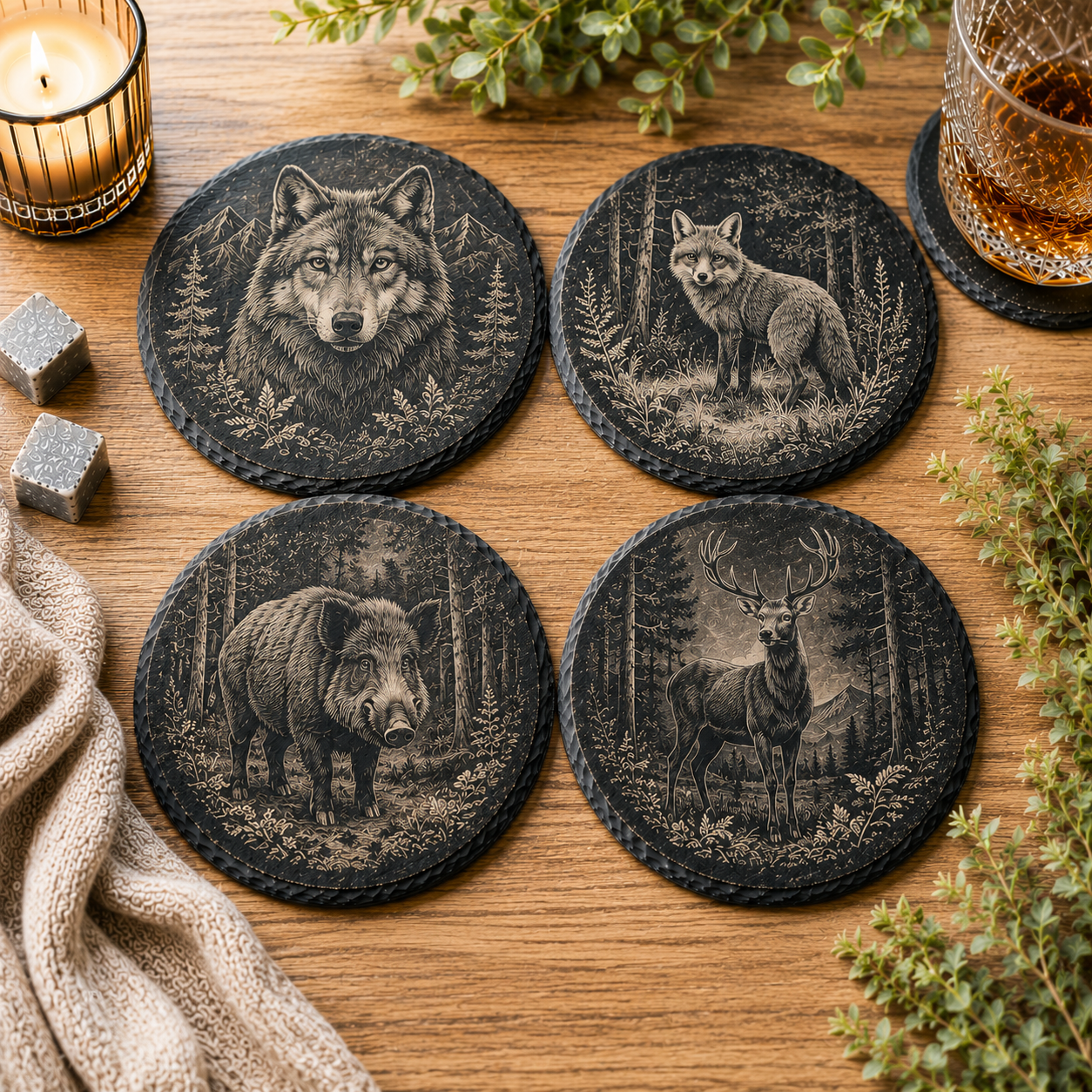 Set van 4 ronde leistenen onderzetters met wolf, vos, wild zwijn en hert